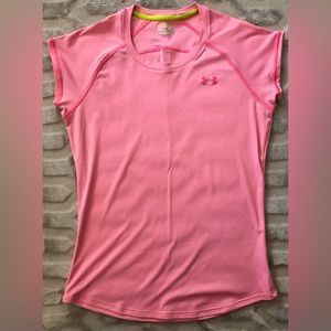 Under Armour HeatGear Pink w/ Green Stitching Semi Fitted Sports Tee - S